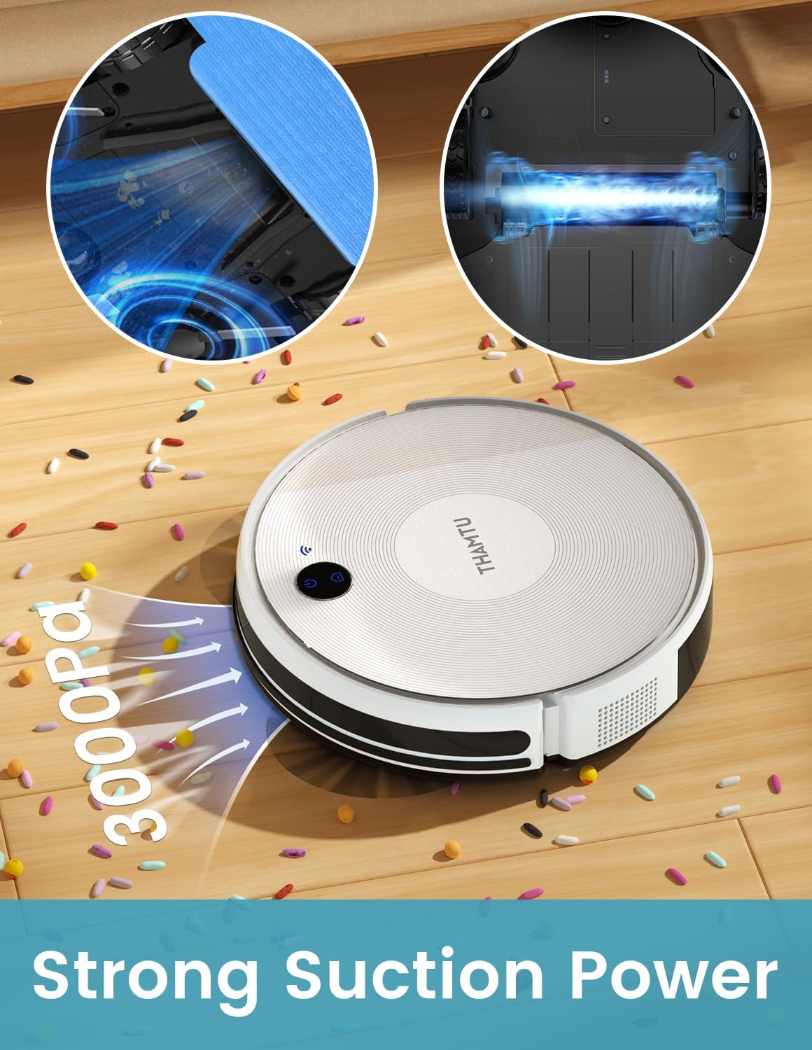 Thamtu Robot Vacuum and Mop Combo, 3000Pa Strong Suction 2in1 Vacuum Cleaner, 120 min Runtime, Self-Charging Robotic Vacuum with Voice/APP/Remote Control for Hard Floor, Pet Hair, Low-Pile Carpet