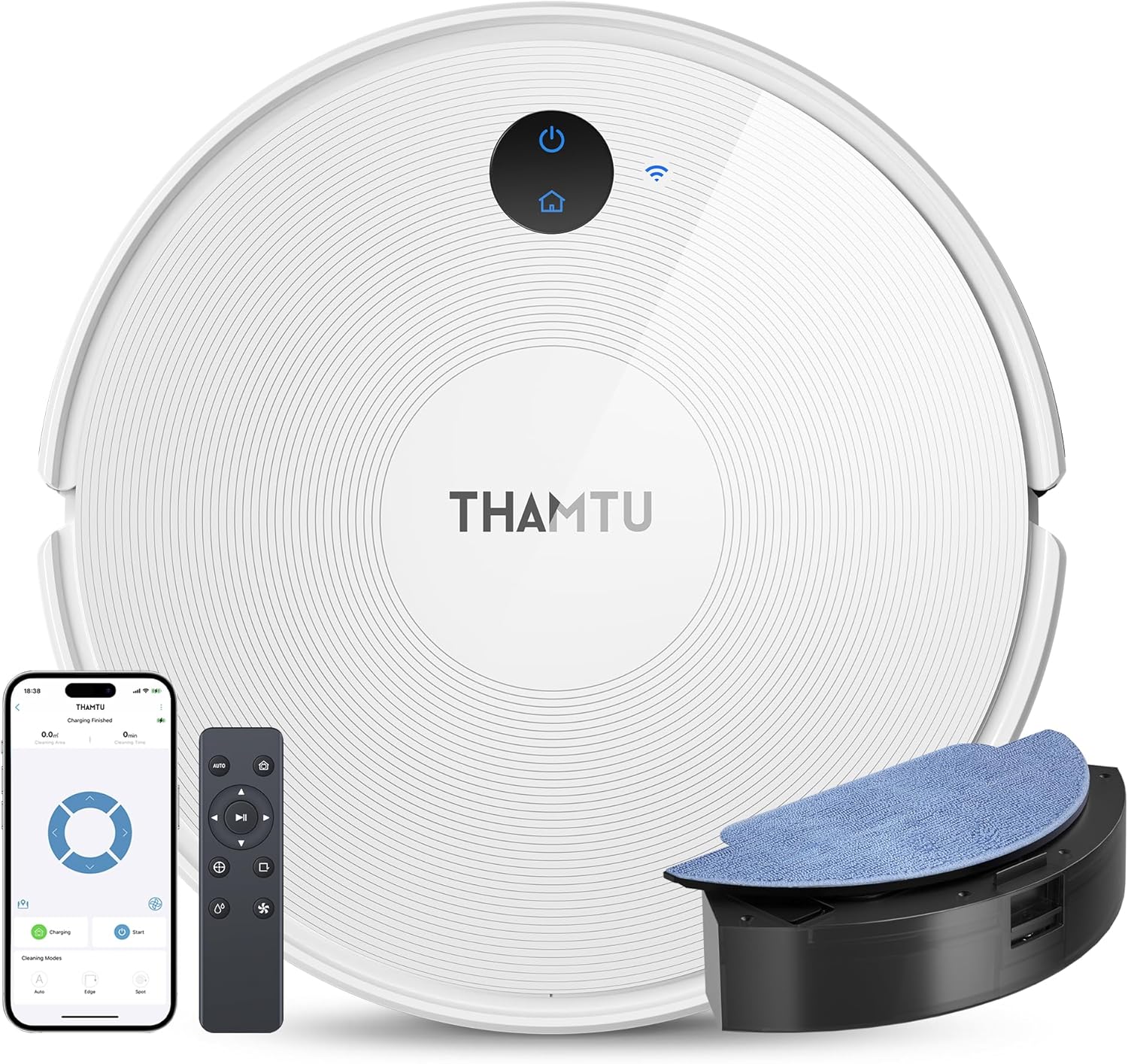 Thamtu Robot Vacuum and Mop Combo, 3000Pa Strong Suction 2in1 Vacuum Cleaner, 120 min Runtime, Self-Charging Robotic Vacuum with Voice/APP/Remote Control for Hard Floor, Pet Hair, Low-Pile Carpet